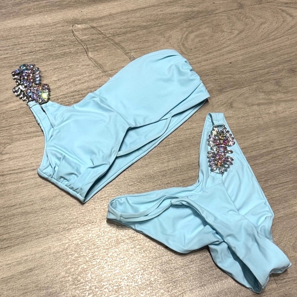 NWOT Light Blue Bikini with Embellished Straps, S
